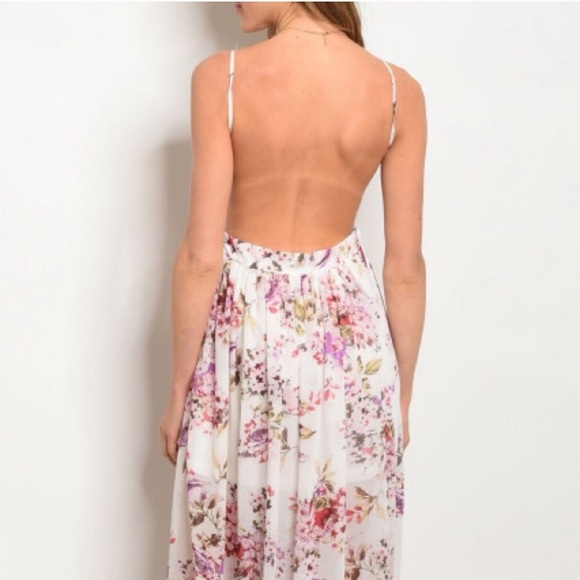 Ivory and Pink Floral Open Back Dress - Picture 3 of 8